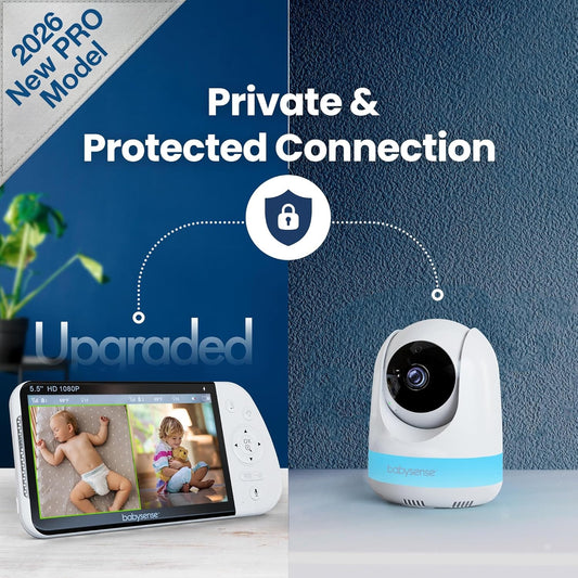 Babysense PRO Full HD 5.5" Split Screen Baby Monitor with 2 Cameras, 6-Color Night Light, White Noise, Sound & Light Machine, 20-Hour Battery, Hack-Proof Non-Wifi Secure Connection