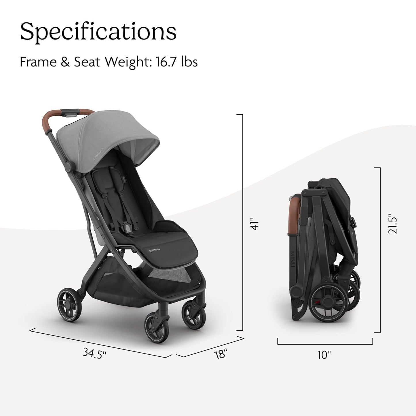 Uppababy Minu V3 Travel Stroller - Lightweight + Compact Design - One-Hand Fold + Unfold - from Birth + Overhead Compatible - Greyson (Charcoal Mélange/Carbon Frame/Saddle Leather)
