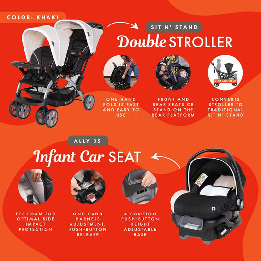 Baby Trend Infant and Toddler Double Stroller & 2 Car Seat Combo, 3 Pc Set, Khaki - Portable and Lightweight Stroller Duo and Car Seat Travel System Tandem