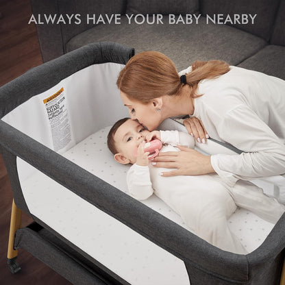 ANGELBLISS 3 in 1 Baby Bassinet, Rocking Bassinets Bedside Sleeper with Comfy Mattress and Wheels, 6 Height Adjustable Easy Folding Portable Bedside Crib for Newborn Infant (Dark Grey)