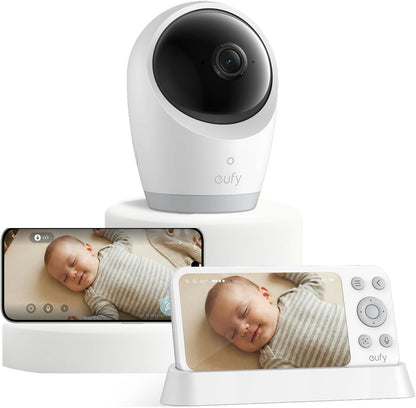 Eufy Security E21 Baby Monitor with 4K UHD Camera, 5'' 720P Screen, Pan-Tilt and 8× Zoom, Dual Wi-Fi/Local Connection, 24/7 App Recording, Portable Built-In Battery-Powered Camera, ANR