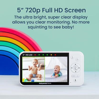 Babysense Prisma Baby Monitor with Camera and Audio, 5” HD Video Baby Monitor with 2 Cameras, 6-Color Night Light, Split Screen, Sound Machine with White Noise & Lullabies, Secure No Wifi