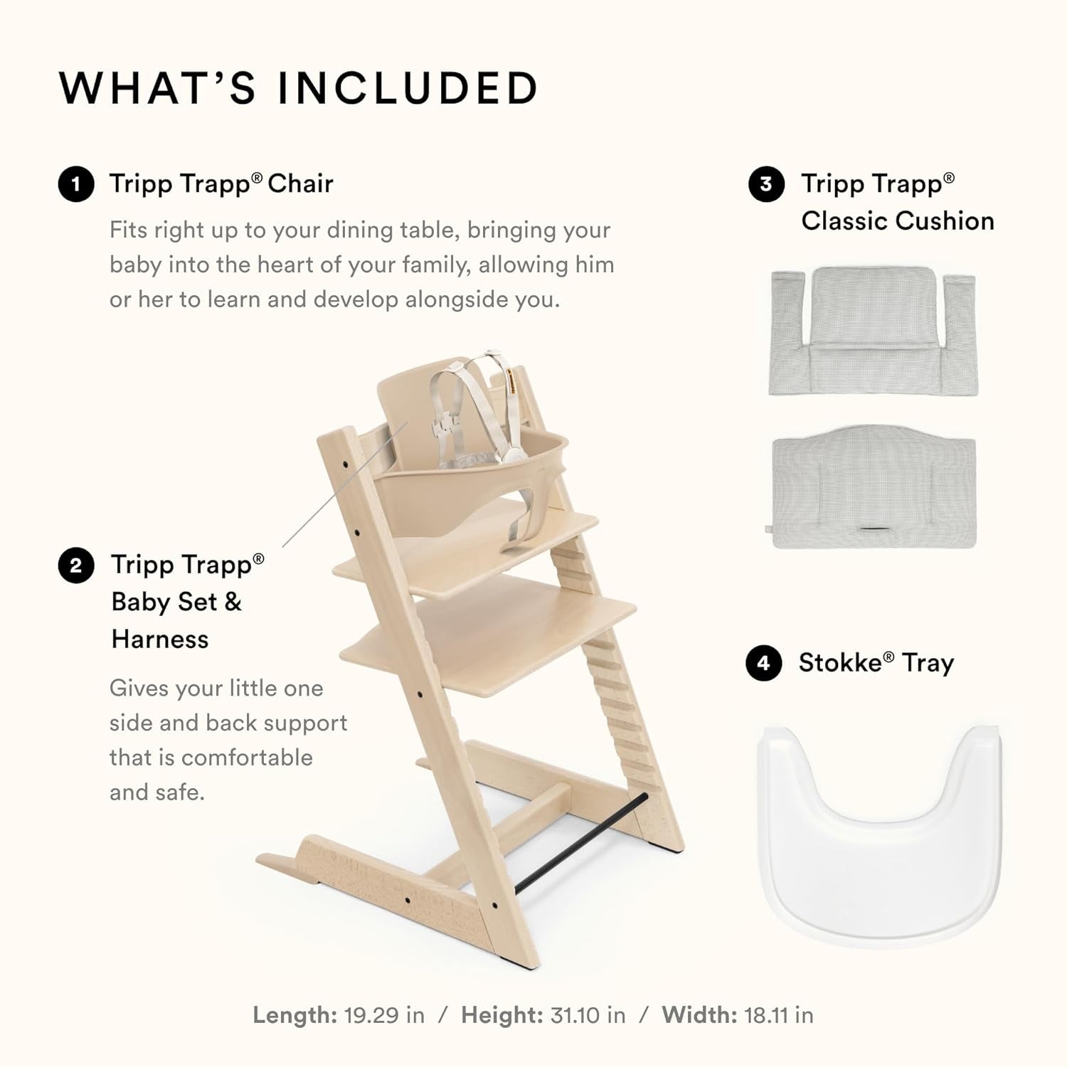 Stokke Tripp Trapp High Chair 2 (Natural), Cushion 2 (Nordic Grey) + Stokke Tray (White) - Includes Chair + Baby Set with Removable Harness for Children 6-36 Months