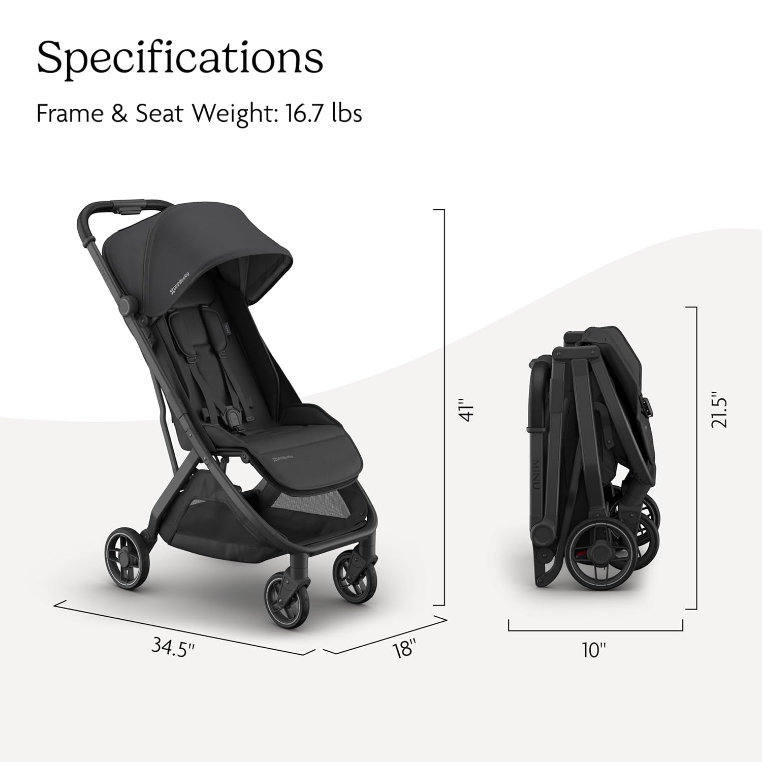 Uppababy Minu V3 Travel Stroller | Lightweight + Compact Design | One-Hand Fold + Unfold | from Birth + Overhead Compatible | Jake (Charcoal/Carbon Frame/Black Leather)