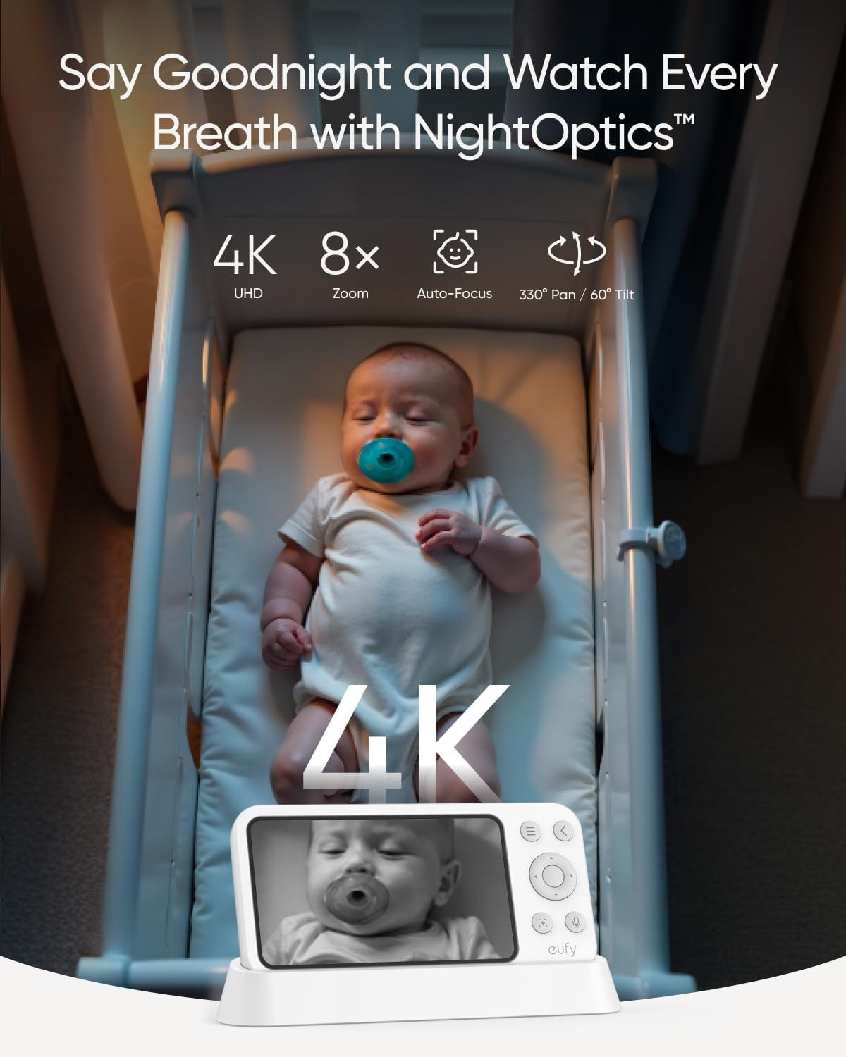 Eufy Security E21 Baby Monitor with 4K UHD Camera, 5'' 720P Screen, Pan-Tilt and 8× Zoom, Dual Wi-Fi/Local Connection, 24/7 App Recording, Portable Built-In Battery-Powered Camera, ANR