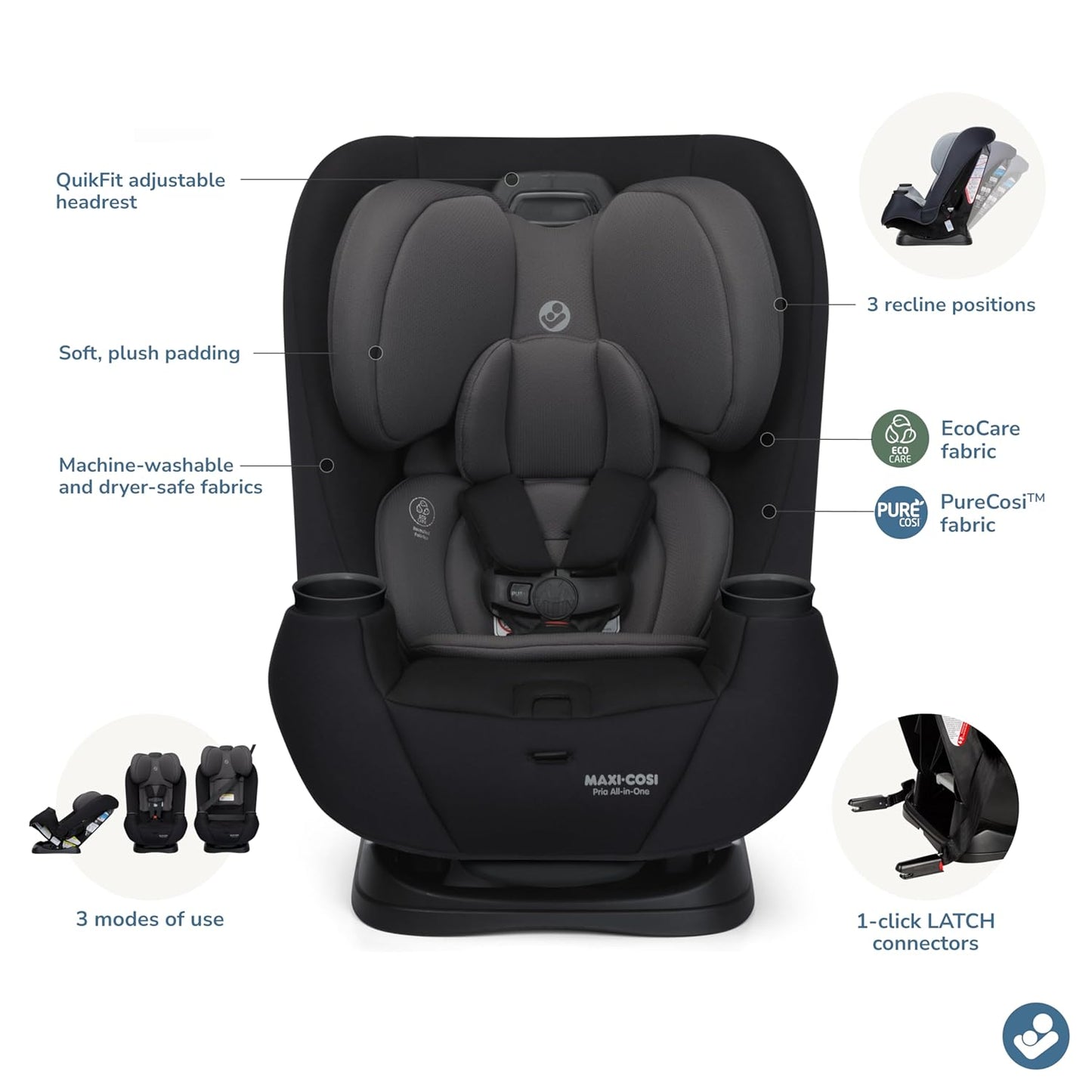 Maxi-Cosi Pria All-In-One Convertible Car Seat, Infant to Toddler Car Seat, Easy-Install Harness, Machine-Washable Cover, 5-100 Lbs, Sea Shadow