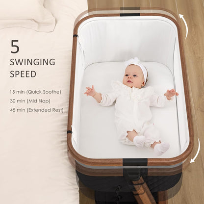 ANGELBLISS Electric Baby Bassinet Bedside Sleeper with Auto Rocking, Remote/Touch Control, 3 Timer Modes, 12 Sounds, 6 Heights, Storage & Wheels (Black) | Breathable Mesh