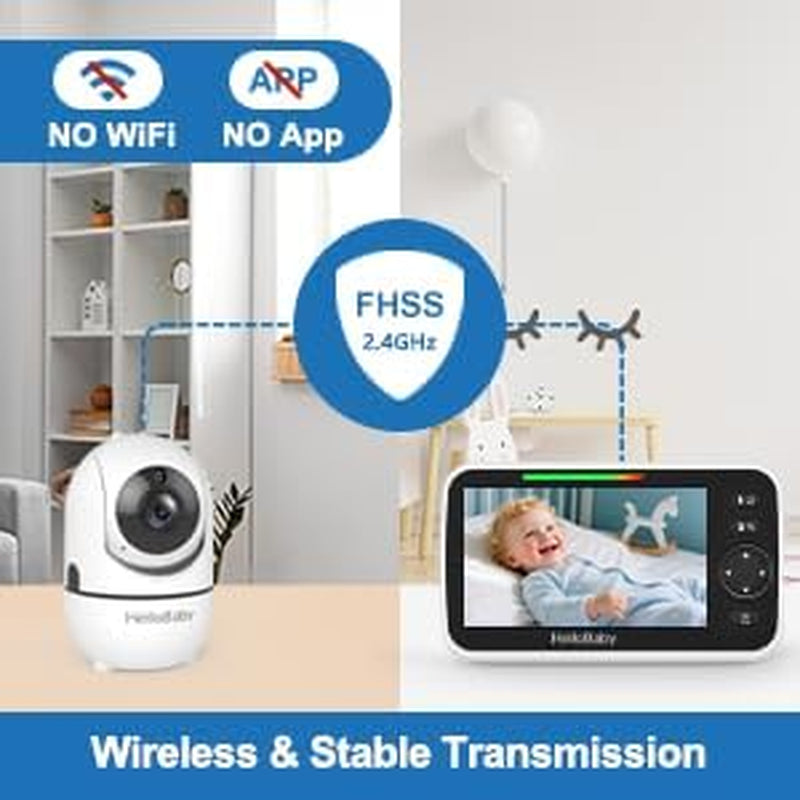 Hellobaby 5" Screen Baby Monitor with 4 Cameras - No Wifi HB6550 Video Baby Monitor, Pan-Tilt-Zoom, 26 Hour Battery, ECO, Night Vision, Temperature Sensor & 2-Way Audio, 8 Lullabies, 1000Ft Long Range