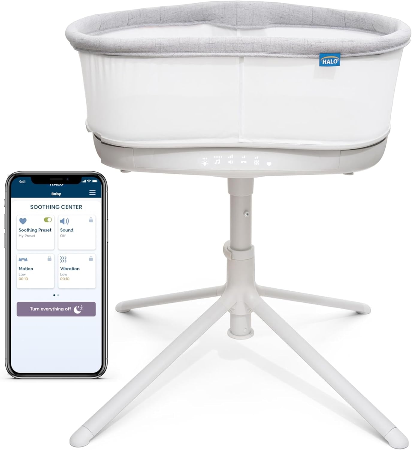 HALO Bassinest Connected Swivel Sleeper 3.0 – Smart Bassinet with Autosoothe™, 360° Swivel, Cry Detection, Rocking, Vibration & Soothing Sounds, Easy Lowering Wall for Postpartum Recovery