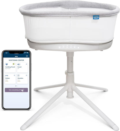 HALO Bassinest Connected Swivel Sleeper 3.0 – Smart Bassinet with Autosoothe™, 360° Swivel, Cry Detection, Rocking, Vibration & Soothing Sounds, Easy Lowering Wall for Postpartum Recovery