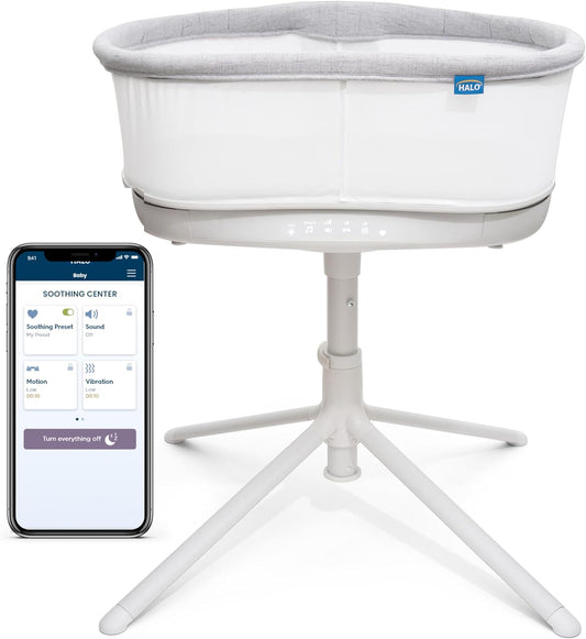 HALO Bassinest Connected Swivel Sleeper 3.0 – Smart Bassinet with Autosoothe™, 360° Swivel, Cry Detection, Rocking, Vibration & Soothing Sounds, Easy Lowering Wall for Postpartum Recovery
