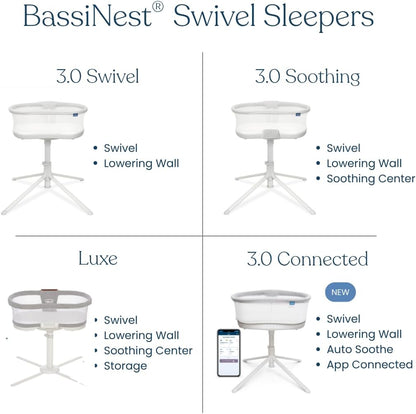 HALO Bassinest Connected Swivel Sleeper 3.0 – Smart Bassinet with Autosoothe™, 360° Swivel, Cry Detection, Rocking, Vibration & Soothing Sounds, Easy Lowering Wall for Postpartum Recovery