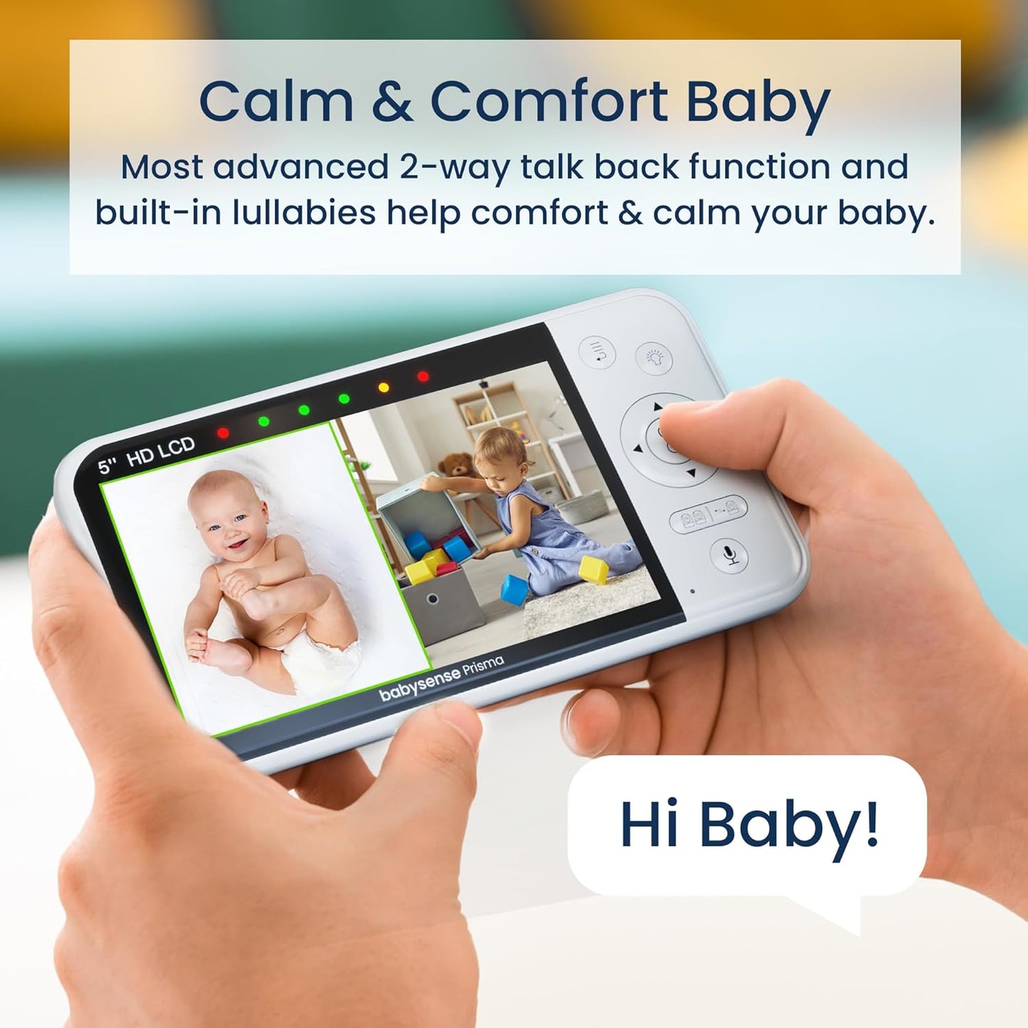 Babysense Prisma Baby Monitor with Camera and Audio, 5” HD Video Baby Monitor with 2 Cameras, 6-Color Night Light, Split Screen, Sound Machine with White Noise & Lullabies, Secure No Wifi