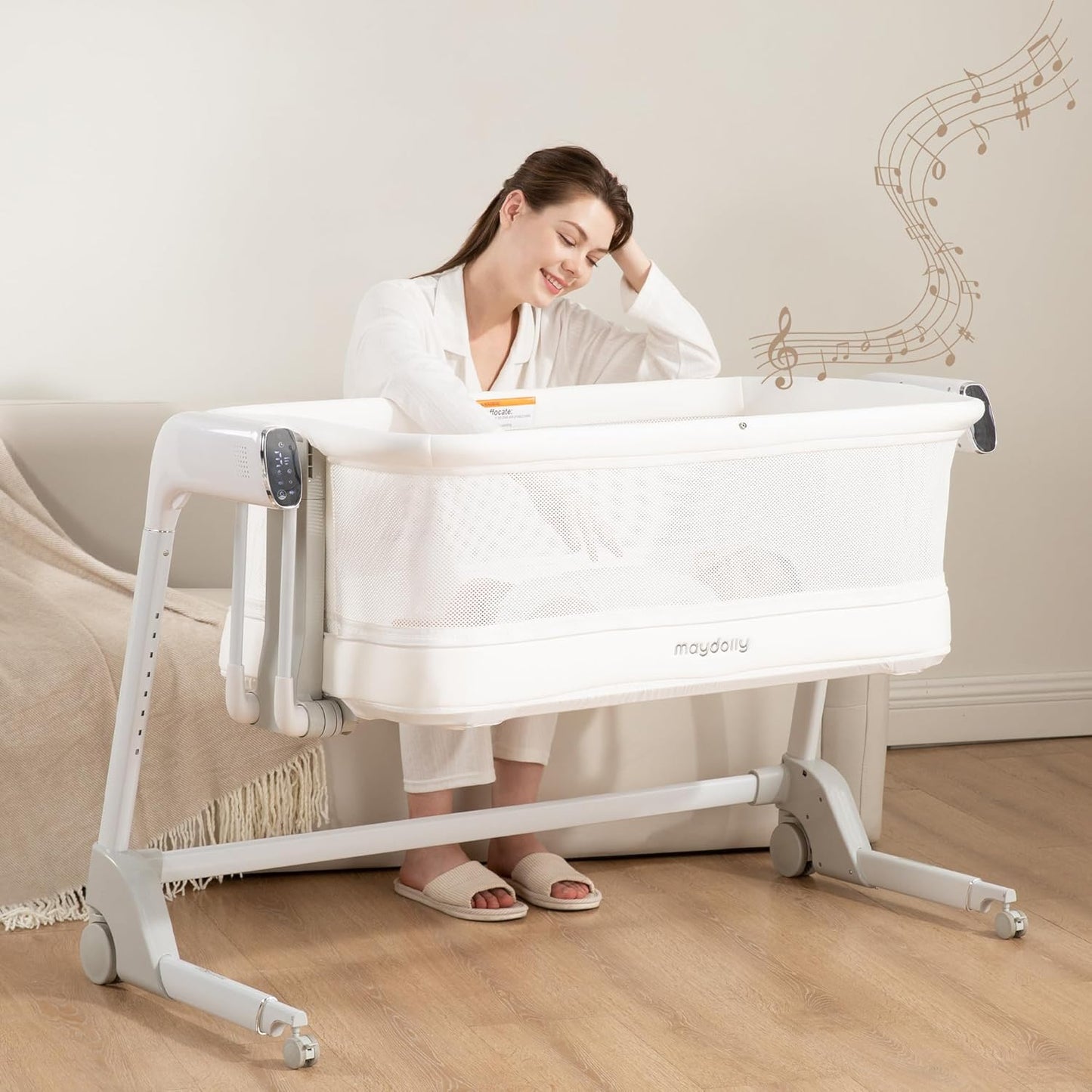 Maydolly Baby Bassinet, Smart Crib, Automatic Cry Detection and Response, Rocking Bassinet for Baby, 7 Height Adjustable with Mattress for Newborns (White) | Cry Detection