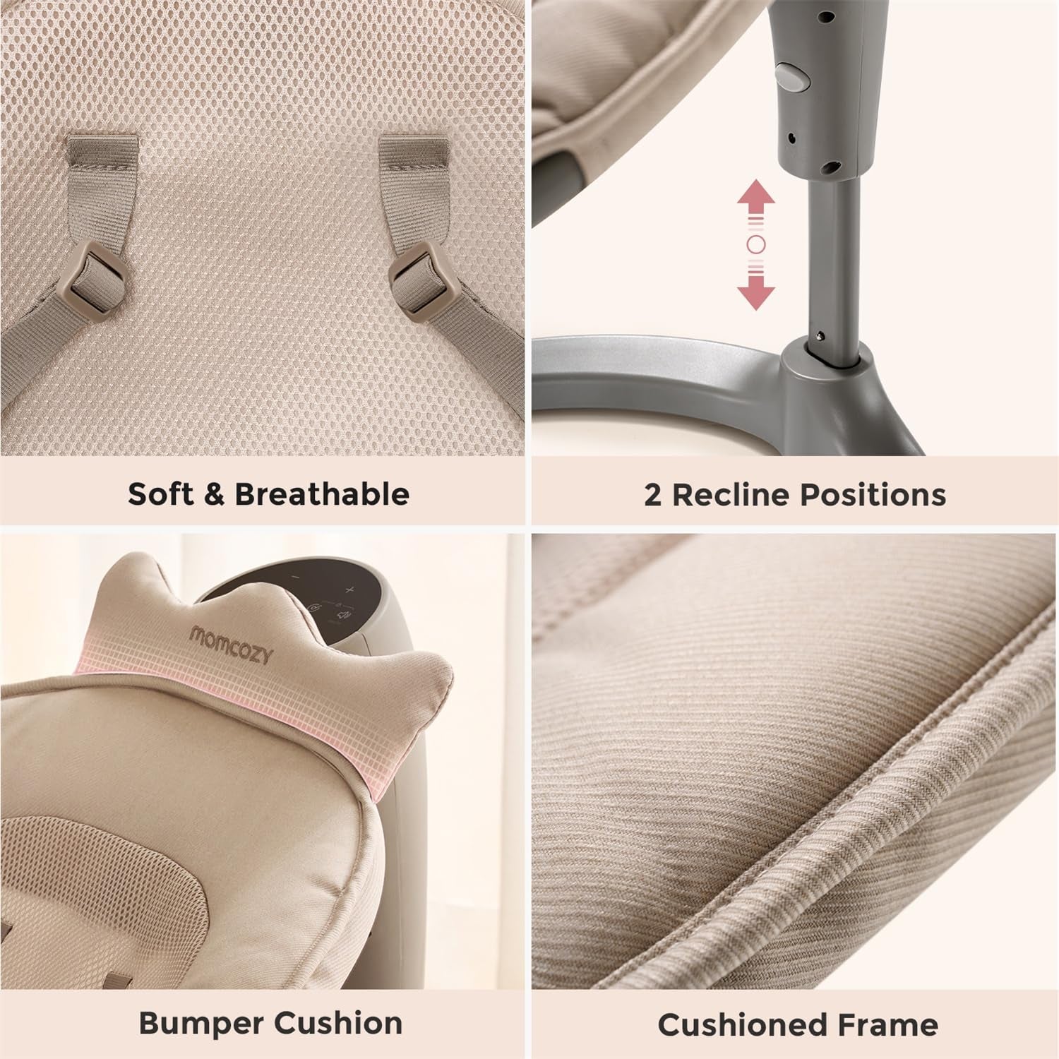 Momcozy 2-In-1 Electric Baby Swing, Dual-Arm Support System & Parent-Inspired Motions, Convertible to Toddler Seat up to 66 Lbs, Adjustable Height, Lightweight, Khaki