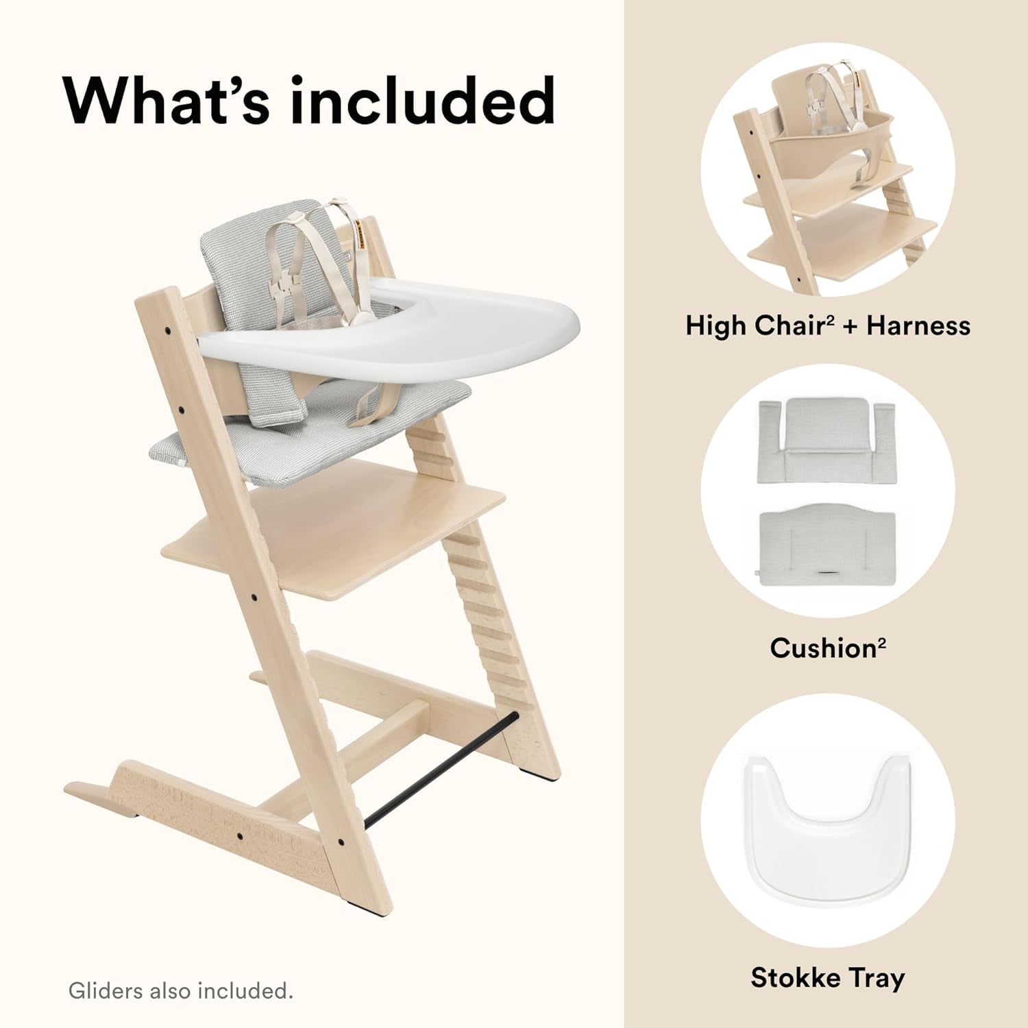 Stokke Tripp Trapp High Chair 2 (Natural), Cushion 2 (Nordic Grey) + Stokke Tray (White) - Includes Chair + Baby Set with Removable Harness for Children 6-36 Months