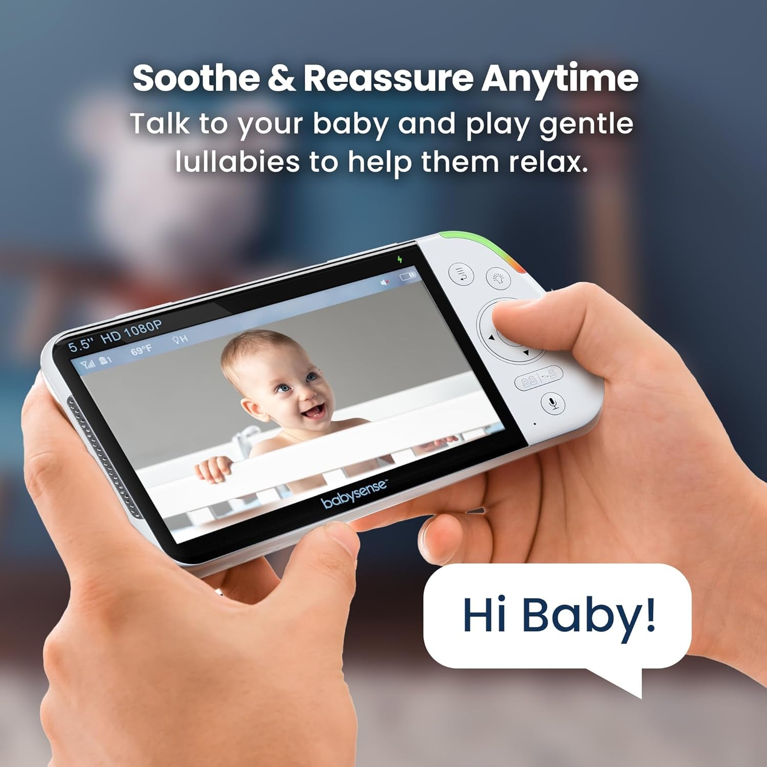 Babysense PRO Full HD 5.5" Split Screen Baby Monitor with 2 Cameras, 6-Color Night Light, White Noise, Sound & Light Machine, 20-Hour Battery, Hack-Proof Non-Wifi Secure Connection