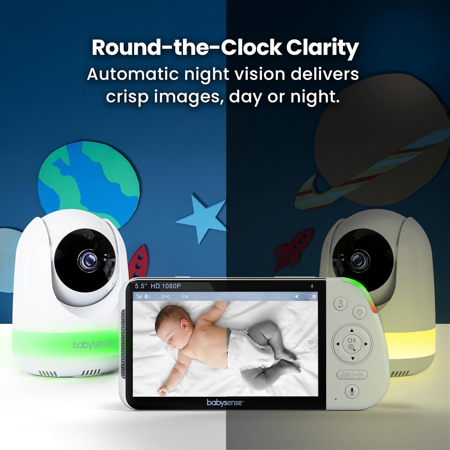 Babysense PRO Full HD 5.5" Split Screen Baby Monitor with 2 Cameras, 6-Color Night Light, White Noise, Sound & Light Machine, 20-Hour Battery, Hack-Proof Non-Wifi Secure Connection