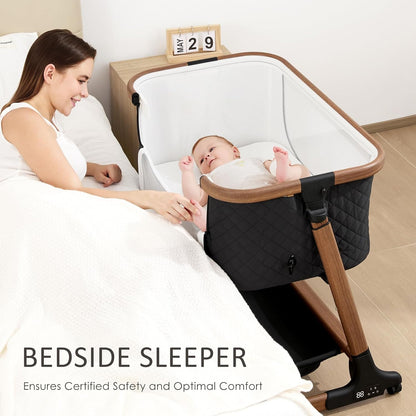 ANGELBLISS Electric Baby Bassinet Bedside Sleeper with Auto Rocking, Remote/Touch Control, 3 Timer Modes, 12 Sounds, 6 Heights, Storage & Wheels (Black) | Breathable Mesh