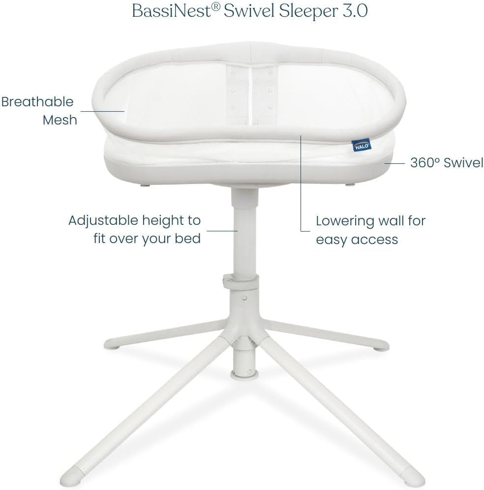 HALO Bassinest Swivel Sleeper 3.0 – Over-Bed Baby Bassinet with 360 Rotation, Adjustable Height, Breathable Mesh, Safe Close Sleeping, Lowering Wall for Easy Access, Feeding & C-Section Recovery