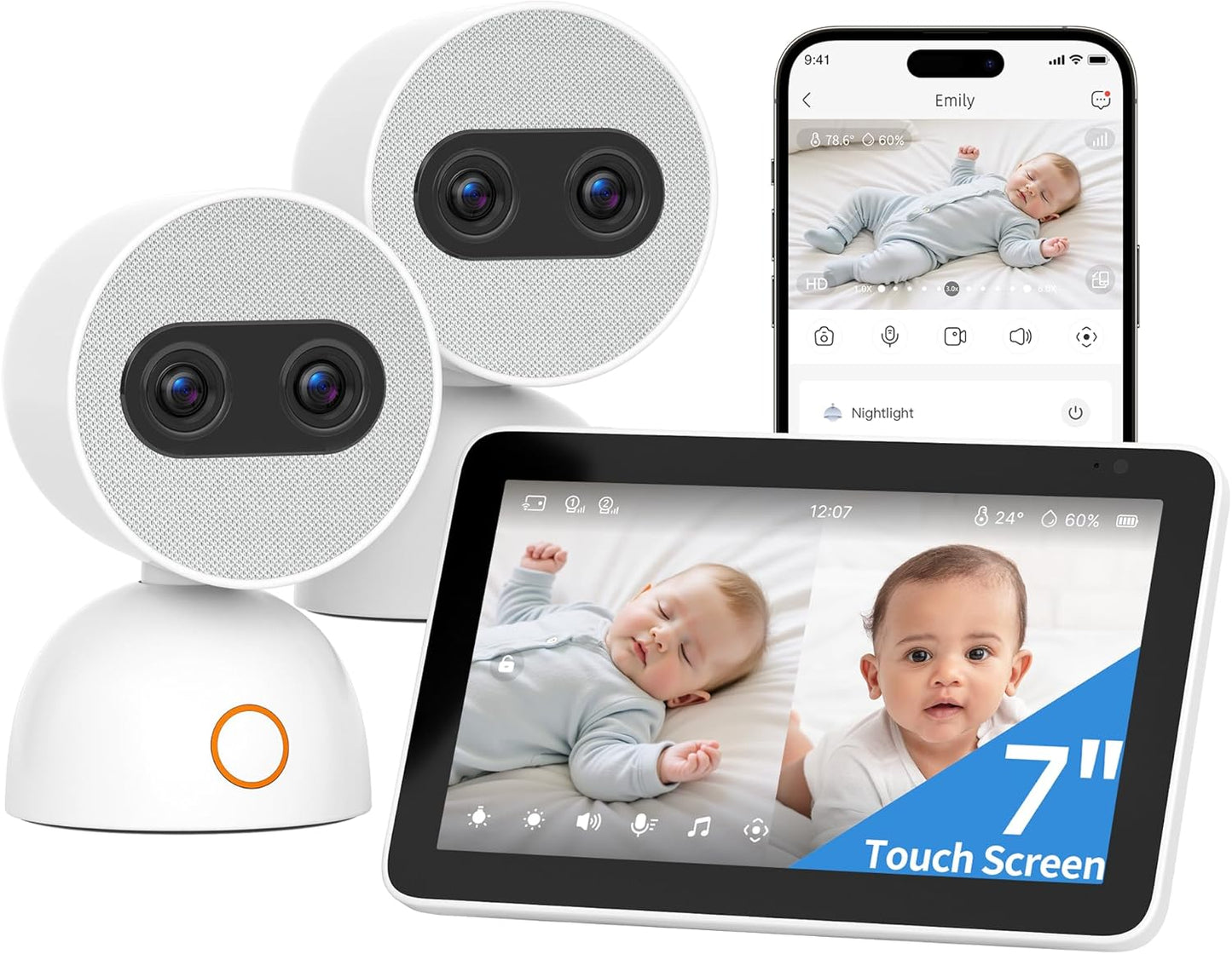 Simsky Baby Monitor with 2 Cameras, 7" UHD Split-Screen Touch Display | 4MP Dual Cameras with Wall Mount, 6X Zoom | AI Detection, App Remote Access, 32GB Local Storage, Hack-Proof Encryption