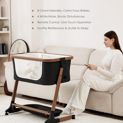 ANGELBLISS Electric Baby Bassinet Bedside Sleeper with Auto Rocking, Remote/Touch Control, 3 Timer Modes, 12 Sounds, 6 Heights, Storage & Wheels (Black) | Breathable Mesh