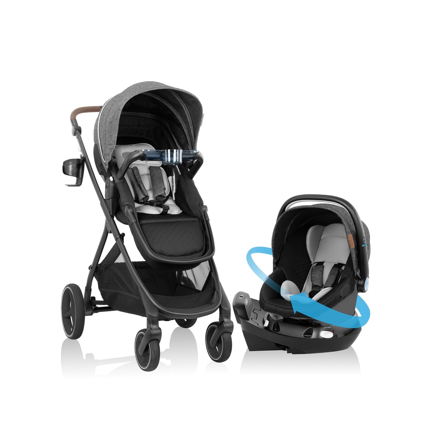 Evenflo Shyft Intuiti+ Travel System Featuring Revolve180 Litemax™ NXT Rotating Rear-Facing Lightweight Preemie and Infant Car Seat with Sensorysoothe 3-30 Lbs. (Angler Tweed)