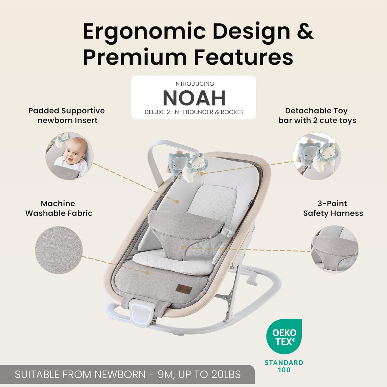 Qutanix 2-In-1 Baby Bouncer & Rocker,Portable Baby Bouncer Seat for Babies 0-9 Months, Baby Rocking Chair with 3 Reclining Positions,Wood Accents,Soft Newborn Insert - Beige