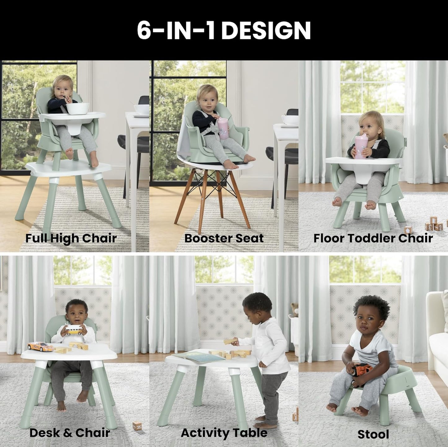 Jeep Milestone 6-In-1 High Chair by Delta Children - High Chair Converts to Stool, Booster Seat, Toddler Chair, Activity Table and Desk and Chair, Sage Green