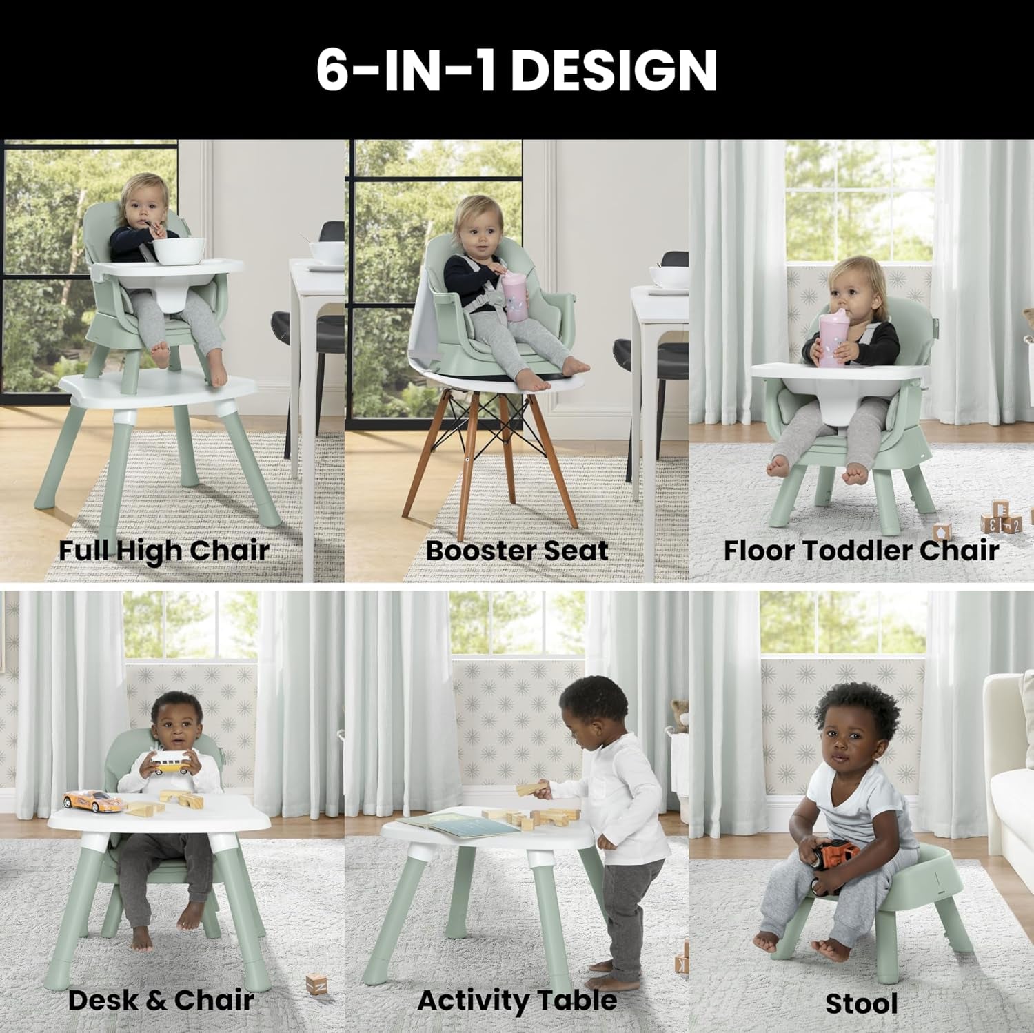 Jeep Milestone 6-In-1 High Chair by Delta Children - High Chair Converts to Stool, Booster Seat, Toddler Chair, Activity Table and Desk and Chair, Sage Green