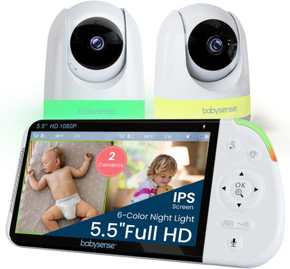 Babysense PRO Full HD 5.5" Split Screen Baby Monitor with 2 Cameras, 6-Color Night Light, White Noise, Sound & Light Machine, 20-Hour Battery, Hack-Proof Non-Wifi Secure Connection