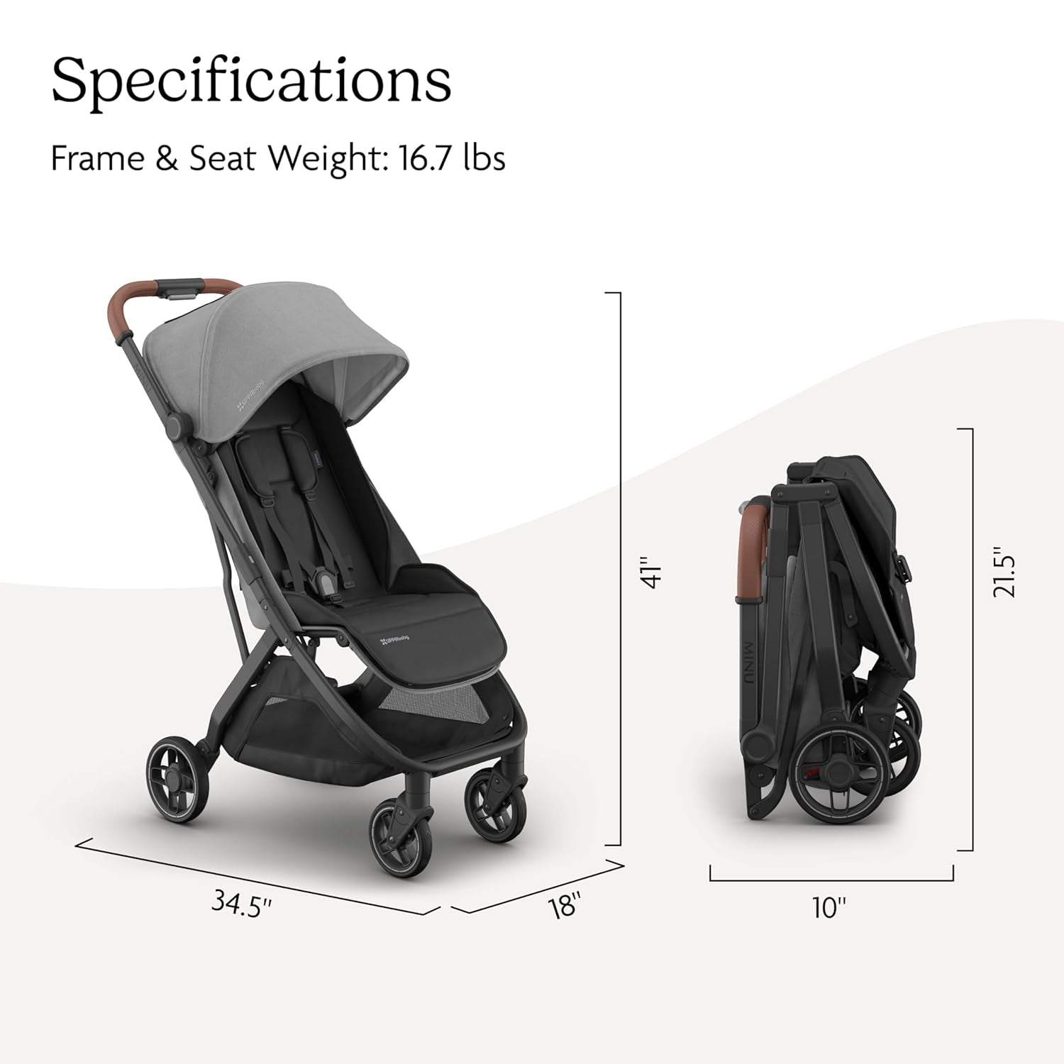 Uppababy Minu V3 Travel Stroller - Lightweight + Compact Design - One-Hand Fold + Unfold - from Birth + Overhead Compatible - Greyson (Charcoal Mélange/Carbon Frame/Saddle Leather)