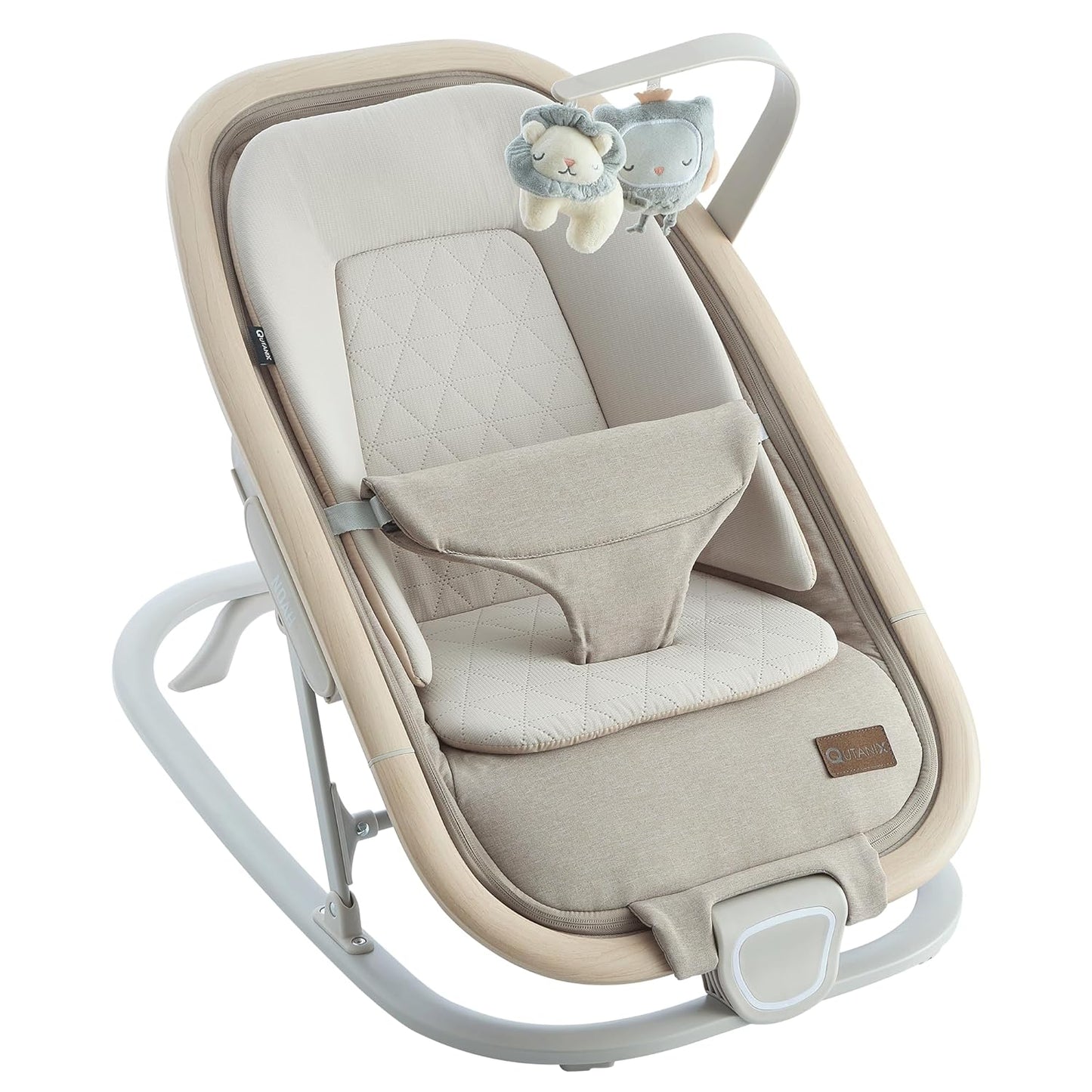 Qutanix 2-In-1 Baby Bouncer & Rocker,Portable Baby Bouncer Seat for Babies 0-9 Months, Baby Rocking Chair with 3 Reclining Positions,Wood Accents,Soft Newborn Insert - Beige