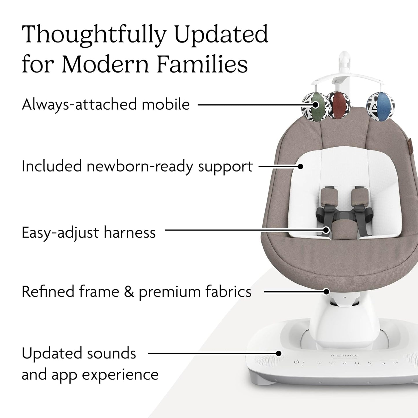 Uppababy Mamaroo Smart Swing – Customizable Soothing Modes with Motionsync Technology – Infant Recline + Bluetooth Enabled – Included Newborn Insert – Wells (Dark Taupe Mélange)