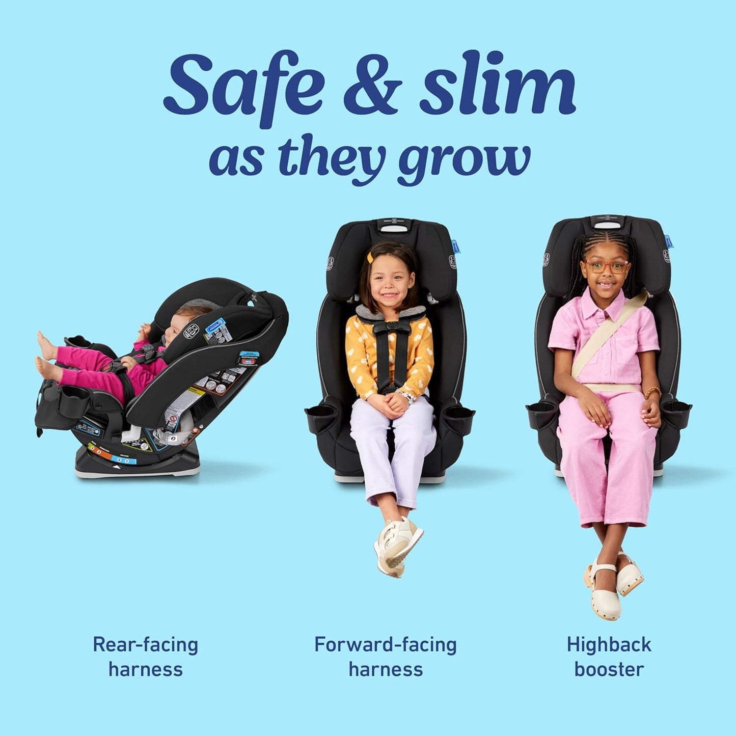 Graco Slimfit 3-In-1 Convertible Car Seat, Ultra-Space-Saving Design, Jarret, Suitable for Rear and Forward-Facing, Highback Booster Seat with 10-Position Headrest