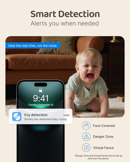 Simsky Baby Monitor with 2 Cameras, 7" UHD Split-Screen Touch Display | 4MP Dual Cameras with Wall Mount, 6X Zoom | AI Detection, App Remote Access, 32GB Local Storage, Hack-Proof Encryption