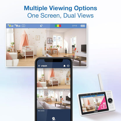 Vtech 2-Cameras Smart Wifi Baby Monitor with 1080P FHD Camera and 5" HD IPS Screen, Free App with Motion Video, Sound/Motion Detection and Notifications, Split-Screen, Pan-Tilt-Zoom: VM901-2HD