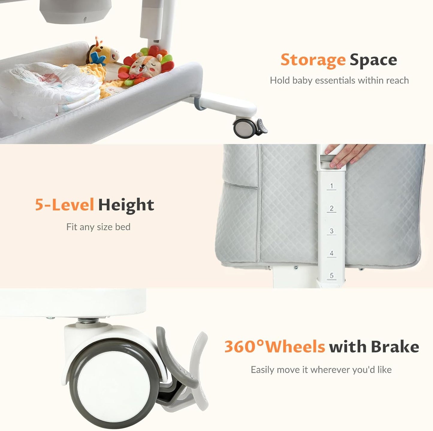 Vavasoo Electric Rocking Bassinet for Baby 3 Speeds Automatic Bedside Sleeper Auto Rolling Newborn Cradle Rocks Itself 5 Height Adjustable with Music, Wheels, Storage, Grey & White