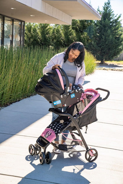 Disney Baby Minnie Mouse Simple Fold LX Travel System, Lift to Fold Compactly in Less than a Second for Easy Storage; Self-Standing When Folded, Minnie Dot Party