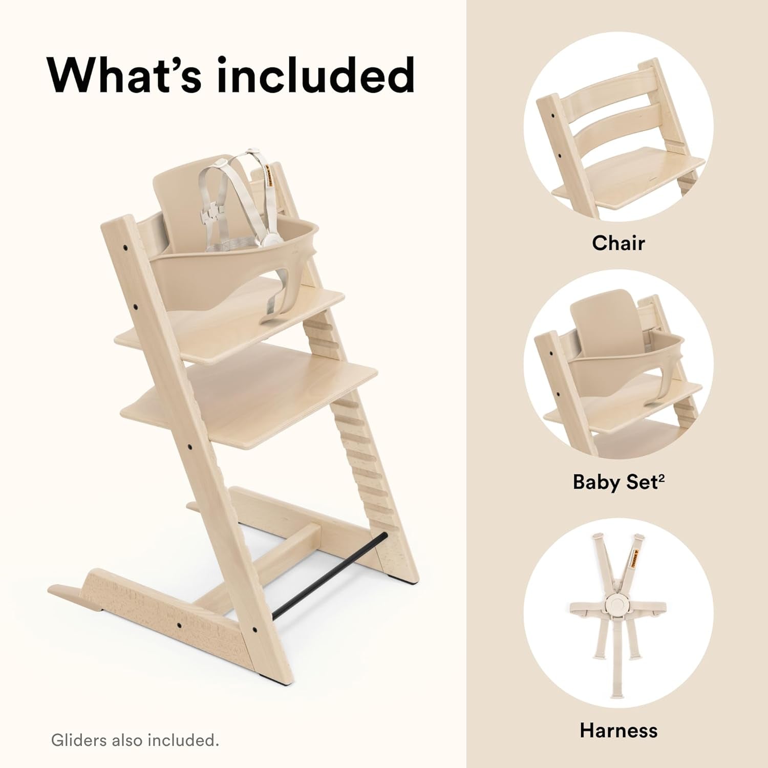 Stokke Tripp Trapp High Chair 2, Natural - Includes Chair + Baby Set with Removable Harness for Children 6-36 Months - Adjustable, Ergonomic & Easy to Clean
