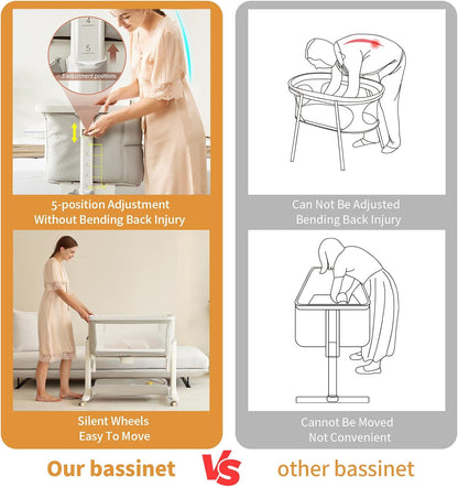 Vavasoo Electric Rocking Bassinet for Baby 3 Speeds Automatic Bedside Sleeper Auto Rolling Newborn Cradle Rocks Itself 5 Height Adjustable with Music, Wheels, Storage, Grey & White