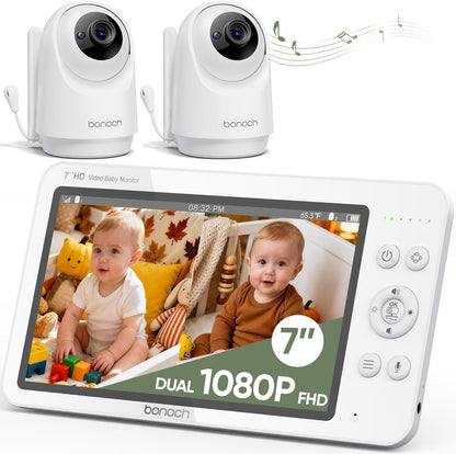 Bonoch Upgraded 1080P Baby Monitor with 2 Cameras, 7" Megaview Split Screen Baby Monitor No Wifi, Dual Video Monitor with Camera and Audio, 6000Mah, White Noise, 2 Way Audio, PTZ, Night Vision
