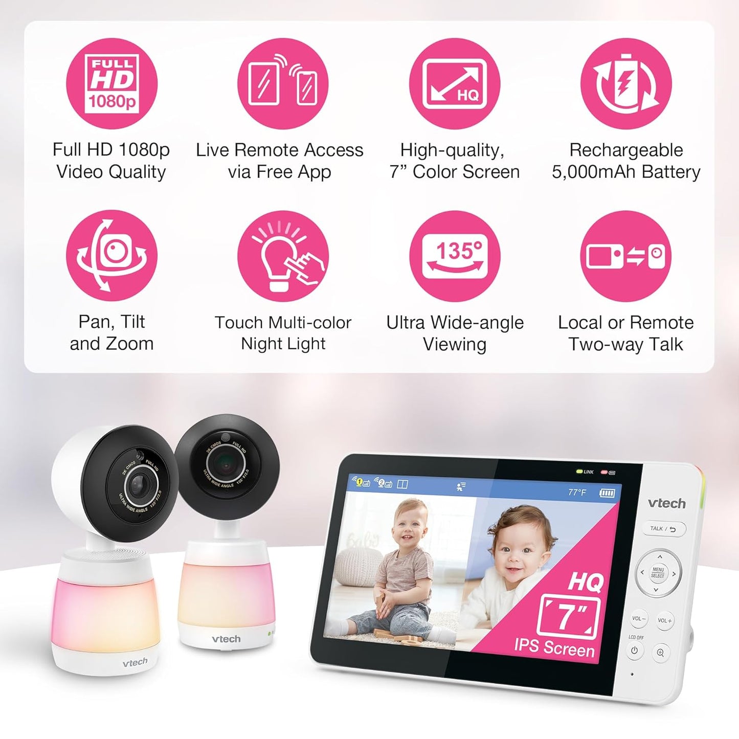 Vtech Smart Wifi Baby Monitor with 2 Cameras, 1080P FHD Video, Free App with Motion Videos, Sound/Motion Alerts, 7" IPS Split‑Screen Display, Pan‑Tilt‑Zoom, Dual‑Room Monitoring – Smart HQ Max Twin