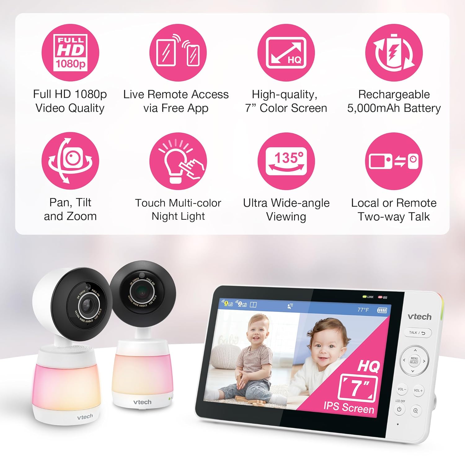 Vtech Smart Wifi Baby Monitor with 2 Cameras, 1080P FHD Video, Free App with Motion Videos, Sound/Motion Alerts, 7" IPS Split‑Screen Display, Pan‑Tilt‑Zoom, Dual‑Room Monitoring – Smart HQ Max Twin