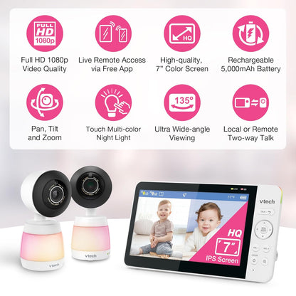 Vtech Smart Wifi Baby Monitor with 2 Cameras, 1080P FHD Video, Free App with Motion Videos, Sound/Motion Alerts, 7" IPS Split‑Screen Display, Pan‑Tilt‑Zoom, Dual‑Room Monitoring – Smart HQ Max Twin