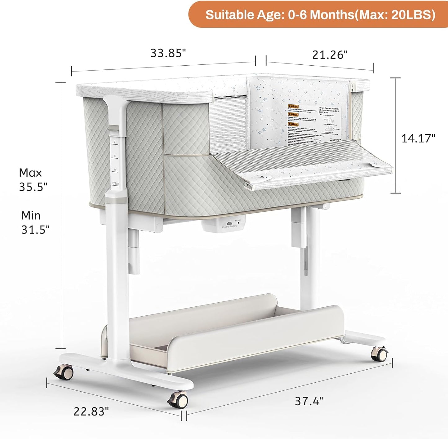 Vavasoo Electric Rocking Bassinet for Baby 3 Speeds Automatic Bedside Sleeper Auto Rolling Newborn Cradle Rocks Itself 5 Height Adjustable with Music, Wheels, Storage, Grey & White