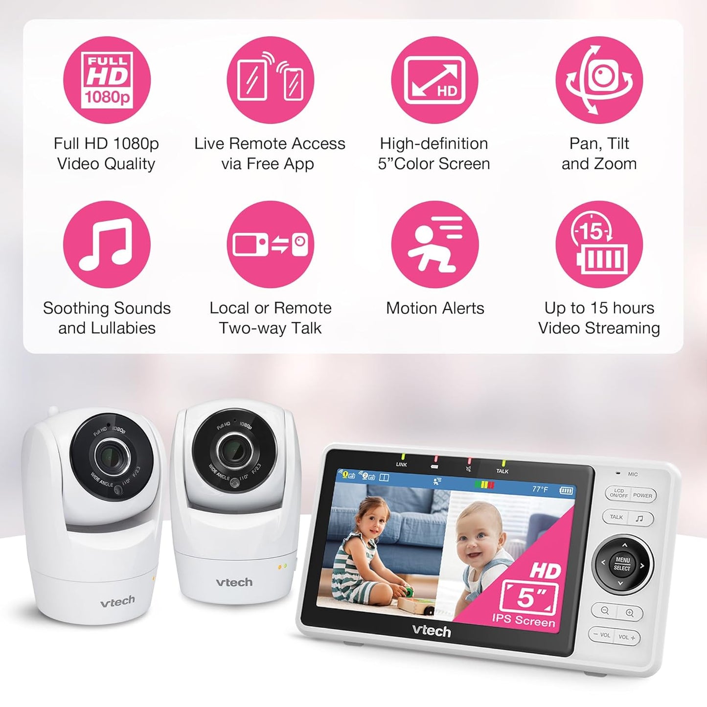 Vtech 2-Cameras Smart Wifi Baby Monitor with 1080P FHD Camera and 5" HD IPS Screen, Free App with Motion Video, Sound/Motion Detection and Notifications, Split-Screen, Pan-Tilt-Zoom: VM901-2HD
