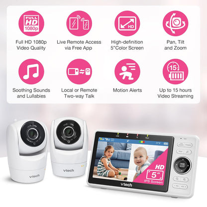 Vtech 2-Cameras Smart Wifi Baby Monitor with 1080P FHD Camera and 5" HD IPS Screen, Free App with Motion Video, Sound/Motion Detection and Notifications, Split-Screen, Pan-Tilt-Zoom: VM901-2HD