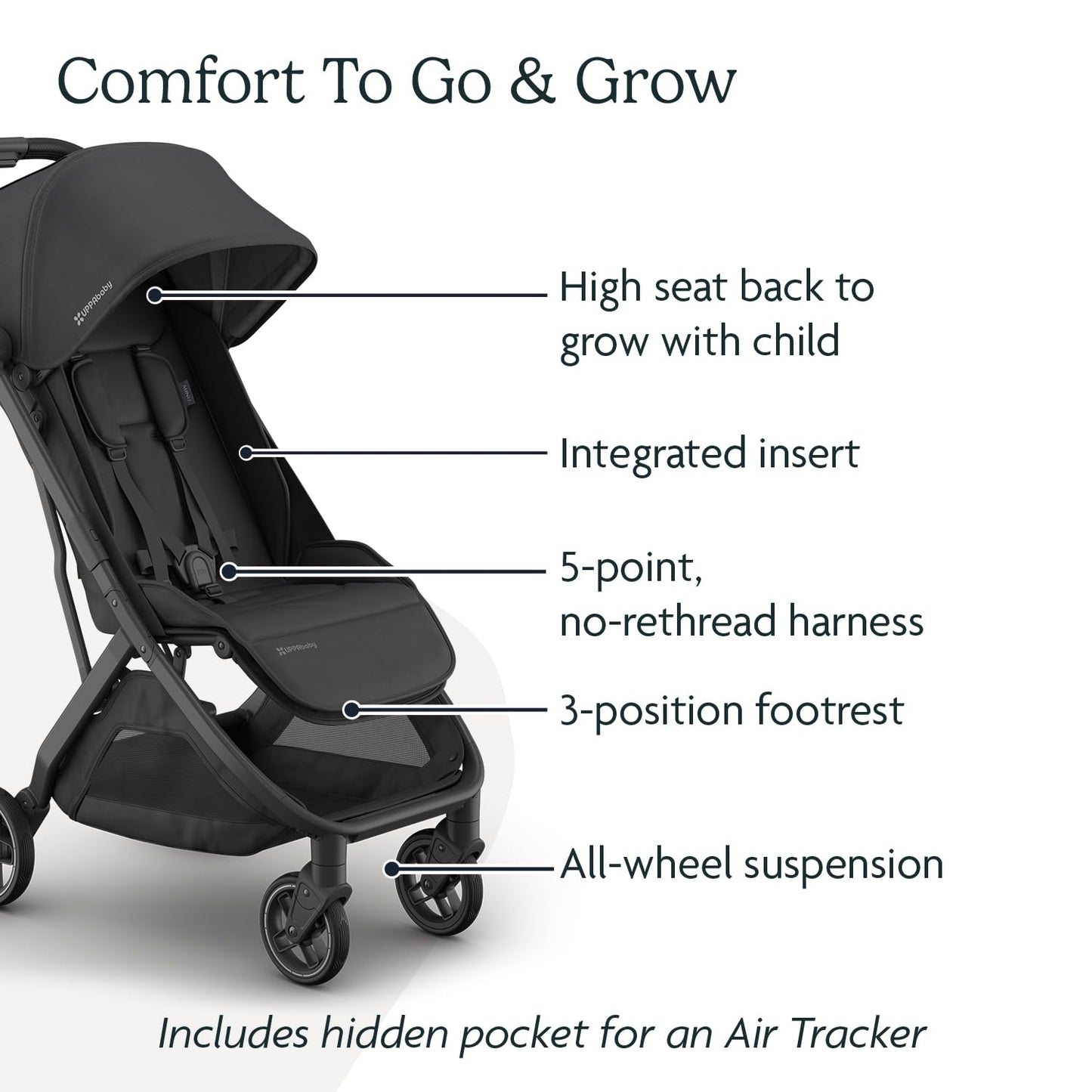 Uppababy Minu V3 Travel Stroller | Lightweight + Compact Design | One-Hand Fold + Unfold | from Birth + Overhead Compatible | Jake (Charcoal/Carbon Frame/Black Leather)
