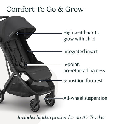 Uppababy Minu V3 Travel Stroller | Lightweight + Compact Design | One-Hand Fold + Unfold | from Birth + Overhead Compatible | Jake (Charcoal/Carbon Frame/Black Leather)